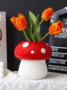 1 件创意可爱白色波尔卡圆点红顶蘑菇形花瓶，彩色树脂材质桌面花盆，适用于家庭、酒店、餐厅桌面装饰和盆栽