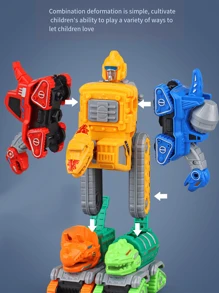 1pc Dinosaur Assembled 5 In 1 Deformable Fire & Engineering Truck Excavator Bulldozer Toy For Kids - Multicolor - View 1