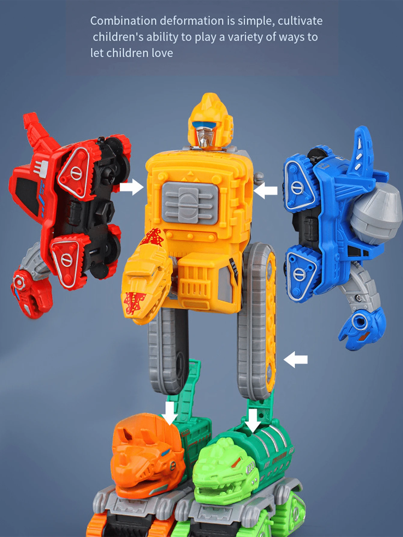 1pc Dinosaur Assembled 5 In 1 Deformable Fire & Engineering Truck Excavator Bulldozer Toy For Kids - Multicolor - View 1