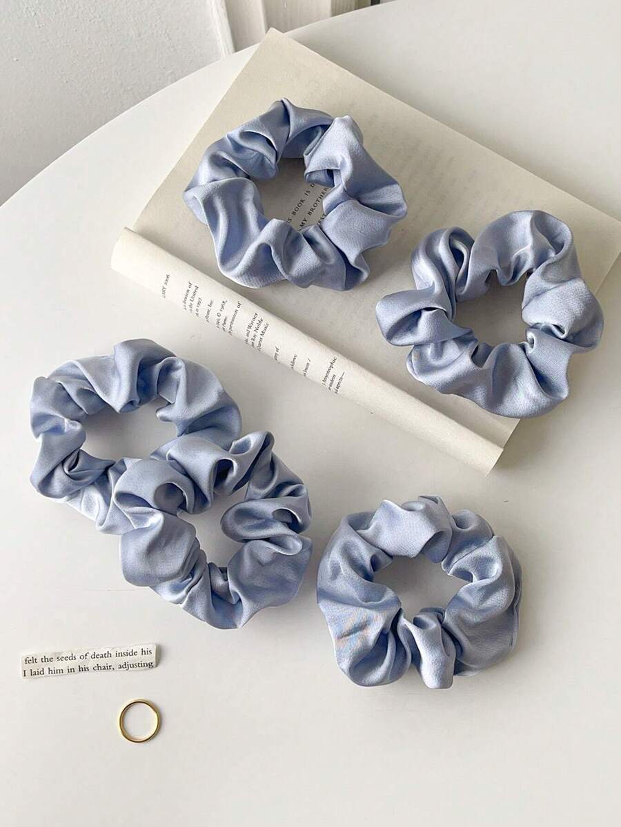 1/5 件女士纯色缎面复古发圈发饰套装，多巴胺发圈发圈，休闲 - 霧霾藍 - 查看 1