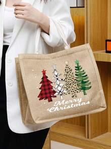 聖誕字母圖案亚麻托特包,大女性休閒聖誕樹亚麻托特包可重複使用多用途購物食品雜貨袋適用於戶外,聖誕亚麻托特包適合女士審美的聖誕節快樂托特包沙灘包禮物適合女士老師包聖誕禮物 - 卡其色 - 查看 3