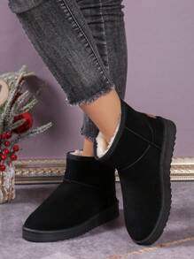 女士冬季加厚絨毛雪地靴,配有厚實柔軟鞋底,保暖休閒戶外短靴,防刺防水,黑色 - 黑色 - 查看 3