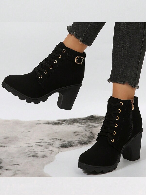 New Style Winter Women's Vintage Fashion Zipper-closure Chunky Heels Waterproof Platform Ankle Boots Suitable For Middle-aged Mothers' High Heels