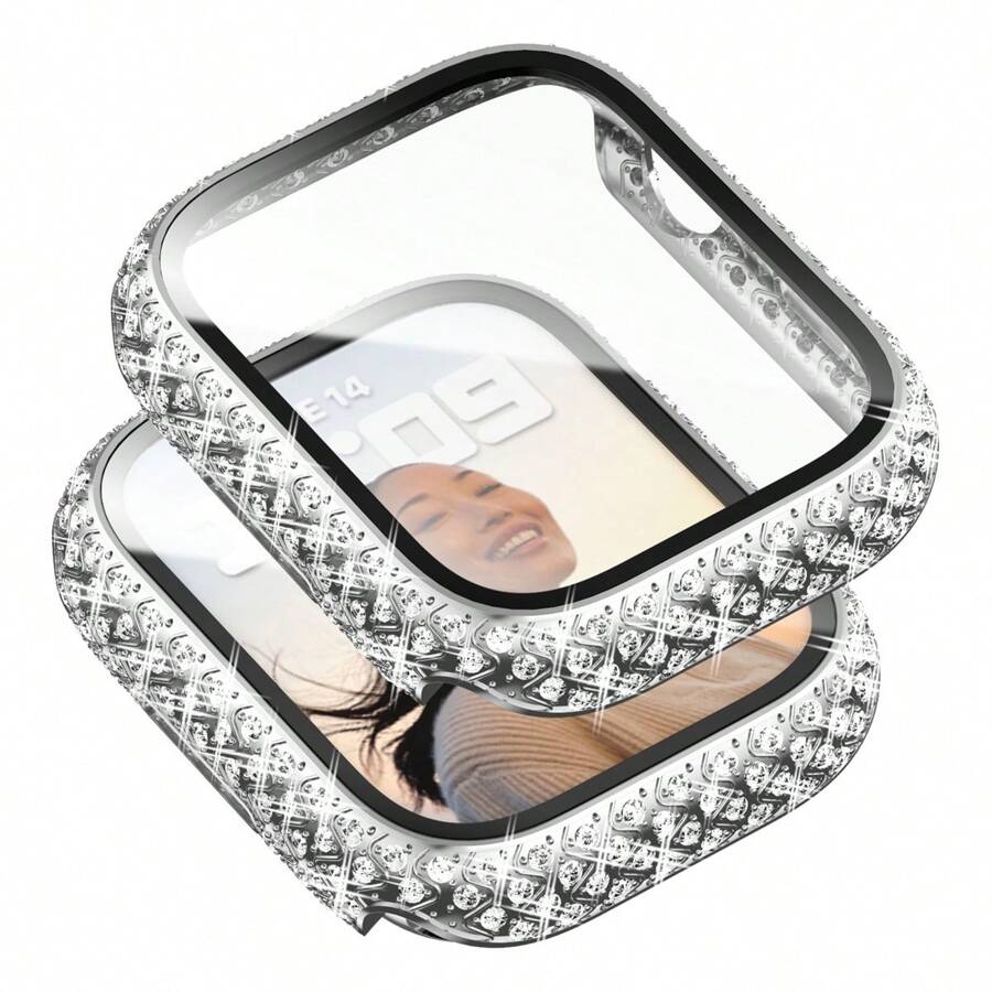 [1pc/Pack] Fashionable Rhinestone Decorated Tempered Glass Screen Protector With Wave Patterned Protective Case Compatible With Apple Watch 8/7 Series, Fits Both 41mm And 45mm Hd Smartwatch Accessories - Silver - View 1
