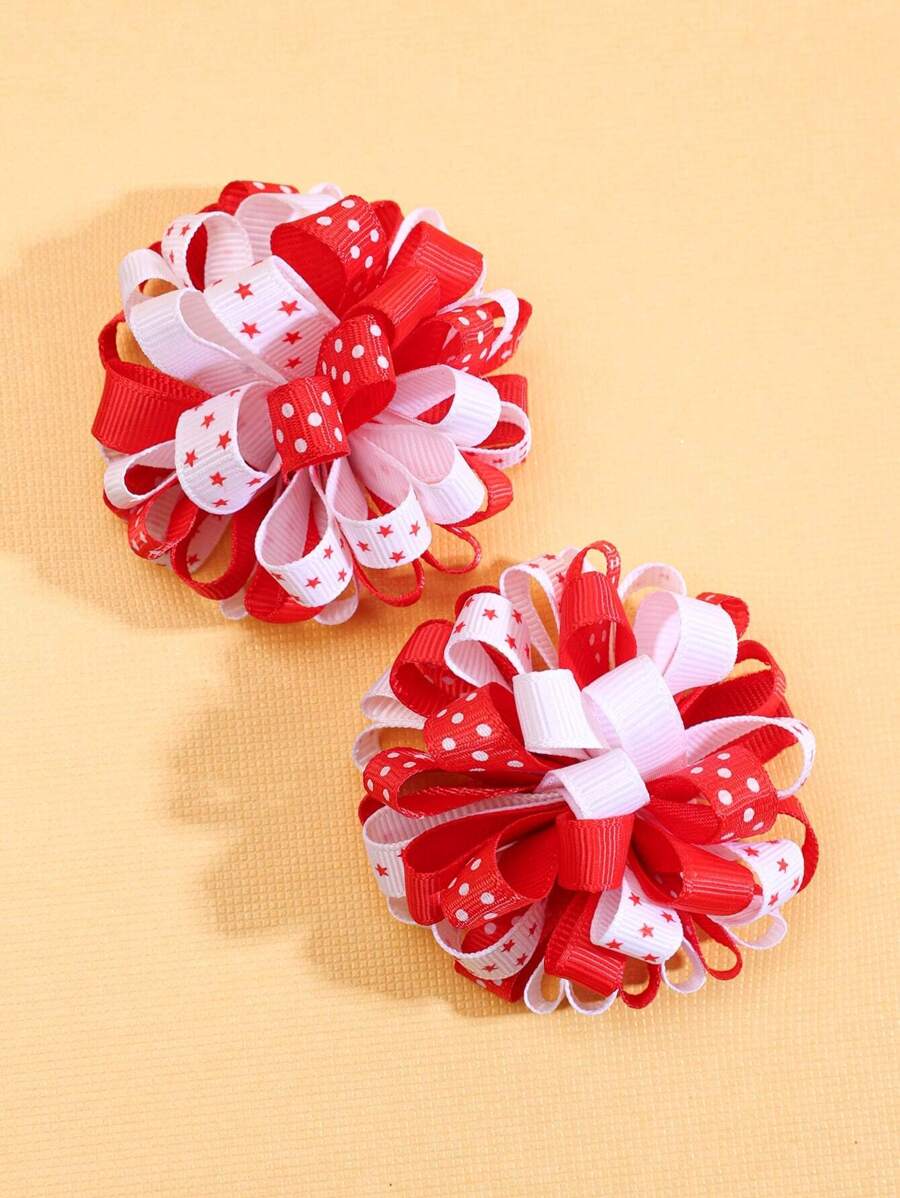 2 Piezas/paquete Clips De Cabello Con Diseño De Bola Y Flor Bordado Para Niñas - Rojo y blanco - Ver 1