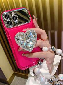 Vòng đeo tay mạ nơ sang trọng Vỏ điện thoại có cửa sổ lớn Tương thích với iPhone 15 Pro Max 14 Pro 12 11 13 Vỏ giữ gương hình trái tim bằng kim cương giả - Màu Hồng Tươi - Xem 2