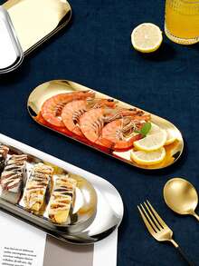 1pc Stainless Steel Gold Oval Platter Stand For Home Use, Space Saving Plate Stand For Cake And Steak - Gold - View 3