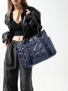 海军蓝极简尼龙刺绣棉质外套，搭配防水多功能多口袋女士工作包，适合女性日常购物、学生上课、辅导以及作为学校手提包使用。 - 藍色 - 查看 5