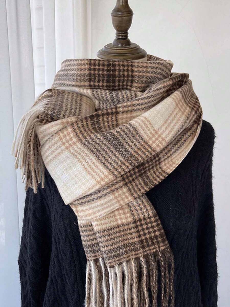 1入厚實的女孩圍巾,女孩秋冬季新款韓版仿開司米斜紋披肩,時尚厚實保暖的流蘇圍巾,送給朋友穿著於秋冬日常生活中