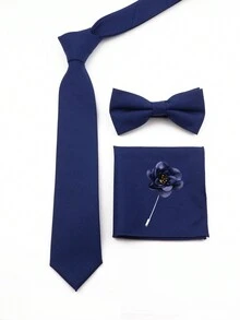 件套男士商務時尚 6 公分寬領帶、領結、手帕和花別針組合套裝，非常適合婚禮和派對服裝 - 藏蓝色 - 查看 3