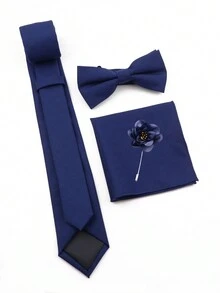 件套男士商務時尚 6 公分寬領帶、領結、手帕和花別針組合套裝，非常適合婚禮和派對服裝 - 藏蓝色 - 查看 2