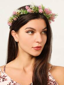 1 vương miện cô dâu phong cách Mori với lá và hoa nhân tạo, thích hợp cho lễ hội và du lịch - Hồng - Xem 1