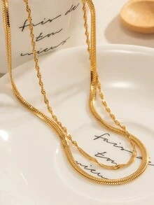1條極簡時尚層疊項鍊扁蛇骨鏈扭曲蛇骨鏈,適合女性日常穿搭堆疊