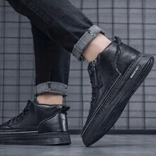 男鞋2023秋季新款商務正裝pu皮鞋男士時尚百搭輕便軟底運動鞋男士休閒鞋 - 黑色 - 查看 4