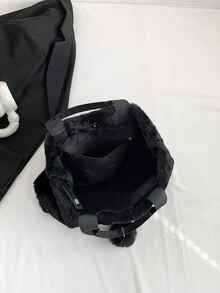 時尚長毛絨素色簡單休閒托特包帶吊墜 - 黑色 - 查看 7