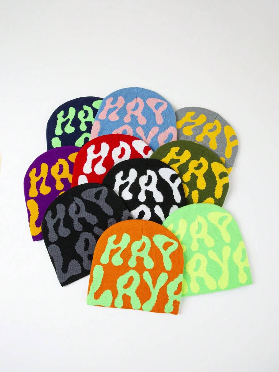 1個男士y2k字母提花針織貝雷帽,適合日常穿著 - 彩色 - 查看 1