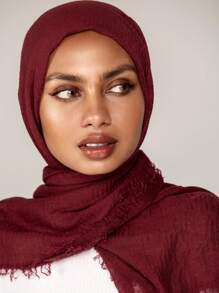 1pc Women's Solid Color Pleated Basic Hijab Scarf, Classic Solid Color Head Wrap For Abaya Veiled Clothes - Burgundy - View 4