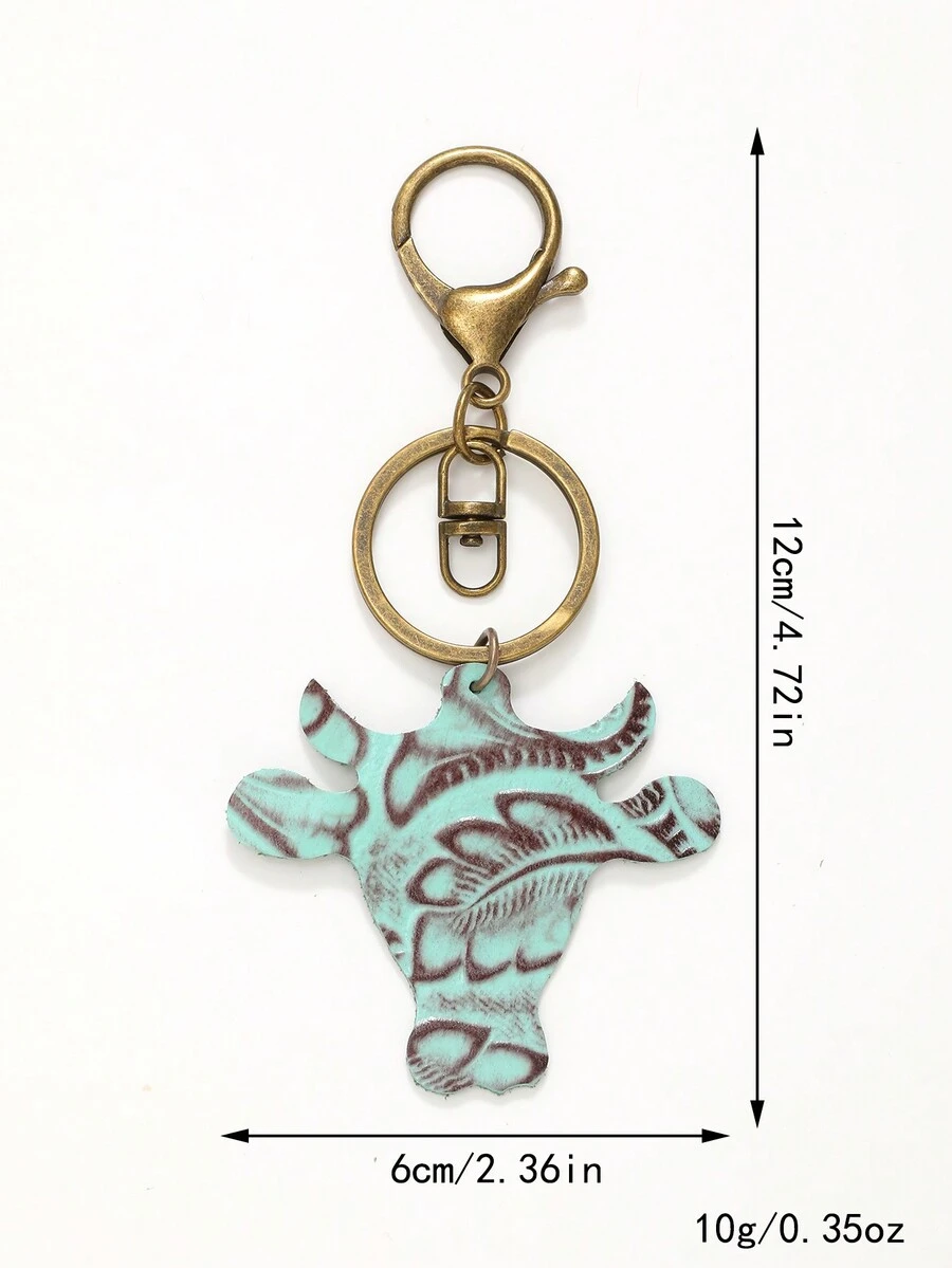 1pc Unisex Western Style Ranch Leather & Alloy Keychain With Bull Head Design - Multicolor - View 1
