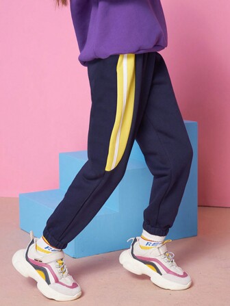 Pantalones jogger de niña con forro térmico de punto y empalmes, de ajuste holgado, multicolor, para el invierno