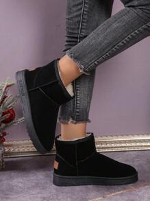 女士冬季加厚絨毛雪地靴,配有厚實柔軟鞋底,保暖休閒戶外短靴,防刺防水,黑色 - 黑色 - 查看 4