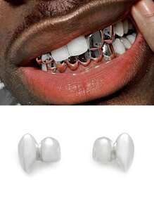 1入組男女通用18k銀色嘻哈雙牙套裝,吸血鬼尖牙,老虎牙,人造牙,萬聖節飾品