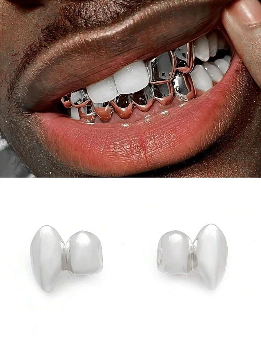 1 件雙牙 18k 銀色嘻哈牙齒套裝,吸血鬼鋒利牙齒,老虎牙齒,人造牙齒,萬聖節首飾 - 銀色 - 查看 1