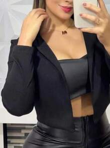 Bonita blazer cuello de solapa corto tipo crop top - Negro - Ver 2