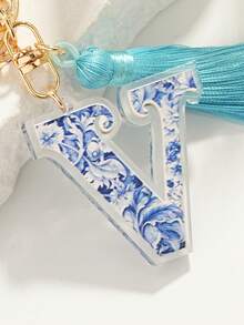 1個時尚女性風丙烯藍白瓷信封v字鑰匙圈,可裝飾汽車或包包,流蘇吊飾,禮物