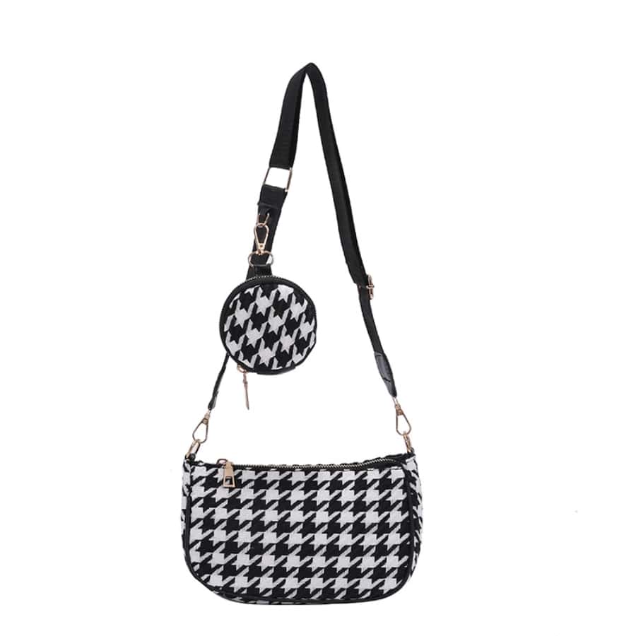 1pc New Korean Style Square Crossbody Bag With Plaid Design - Black - View 1