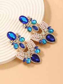 1對歐美風格的鋅合金鑲鑽珍珠花朵耳環,時尚優雅 - 彩色 - 查看 1