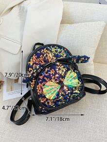1pc Girl's Cute Sparkly Butterfly Decorated Backpack With Glitter Material, Suitable For Daily Use In All Seasons - Black - View 5