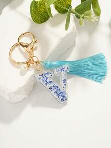 1個時尚女性風丙烯藍白瓷信封v字鑰匙圈,可裝飾汽車或包包,流蘇吊飾,禮物