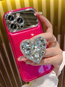 Vòng đeo tay mạ nơ sang trọng Vỏ điện thoại có cửa sổ lớn Tương thích với iPhone 15 Pro Max 14 Pro 12 11 13 Vỏ giữ gương hình trái tim bằng kim cương giả - Màu Hồng Tươi - Xem 5