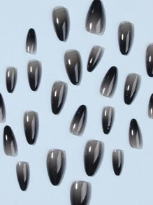 Elevate Your Style With,24pcs Long Almond Black Gradient Translucency Design Fake Nail Set,Contain 1pc Jelly Glue And 1pc Nail File, For Daily Wear By Women And Girls Press On Nails Nail Supplies