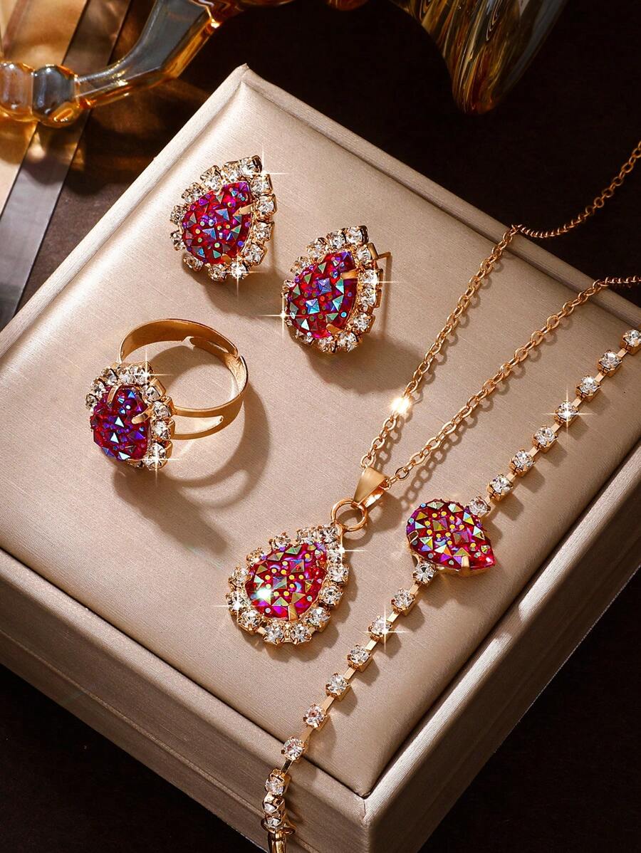 Juego De Joyas Con Cinco Piezas De Lágrima De Piedras De Imitación Para Mujer - Multicolor - Ver 1