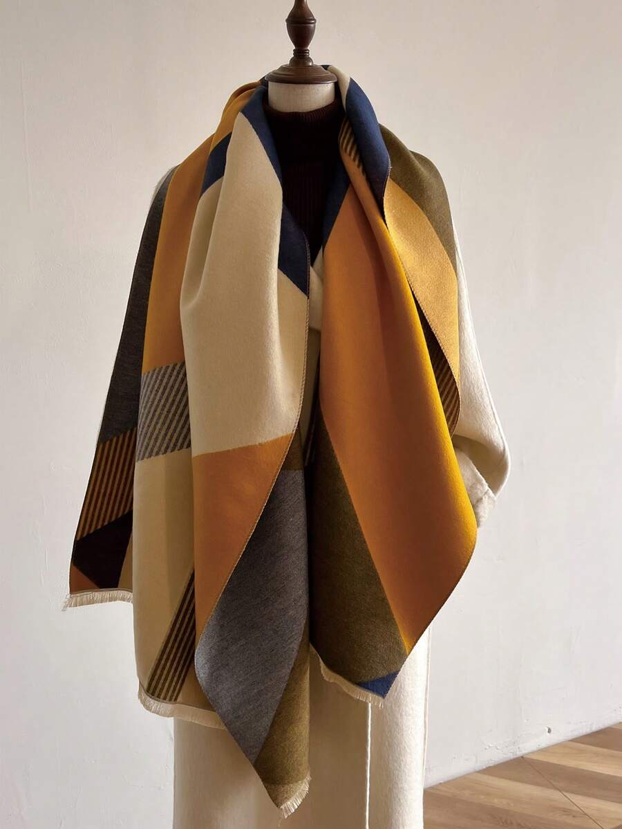 Elegant 1pc Women's Multicolor Geometric Jacquard Faux Cashmere Winter Scarf Shawl, Perfect For Everyday Wear - Multicolor - View 1
