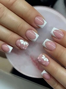 Quyến rũ hơn với 24 móng tay giả hình vuông ngắn in hoa dễ thương và thiết kế đầu móng kiểu Pháp, móng tay giả, phụ kiện làm móng - trắng - Xem 1