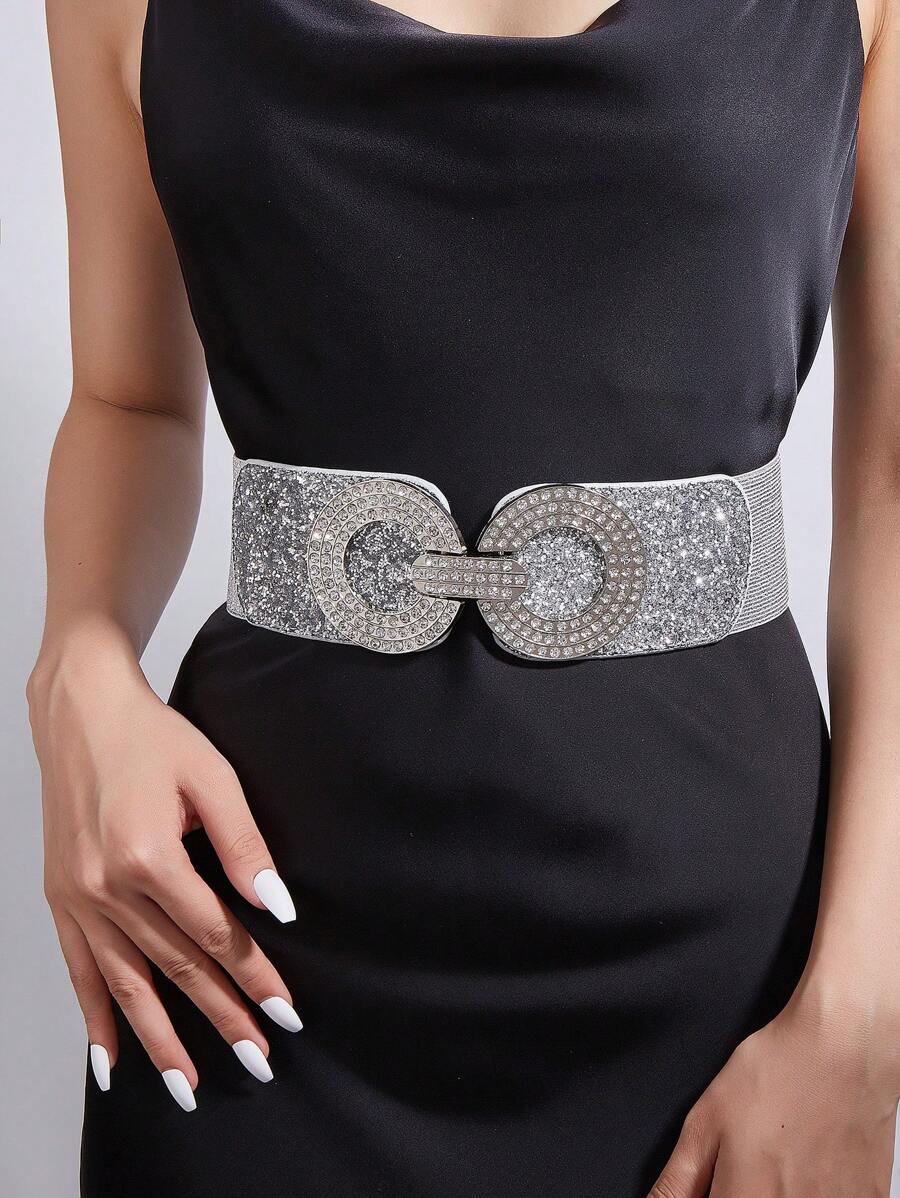 1pc Women's Round Buckle & Rhinestone Decor Pu Waist Belt, Fashionable Elastic Band For Dress Decoration. Suitable For Daily & Party Wear Halloween Summer, School Fall, Autumn, Halloween - Silver - View 1