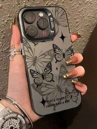 1入蝴蝶影子設計透明黑色手機殼，適用於iPhone