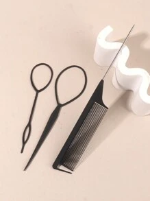 3pcs/Set Slouchy Hair Braiding Tool Kit Including Braider, Hook Needle, Pointed Tail Comb - Black - View 2