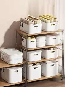 1pc White Plastic Storage Box For Living Room, Kitchen, Study, Dining Room, Toys, Snacks, Dolls, Beverages, Medicine, Bedroom, Wardrobe, Clothing, Underwear, Socks (Lid Included, Stickers Not Included) - White - View 3