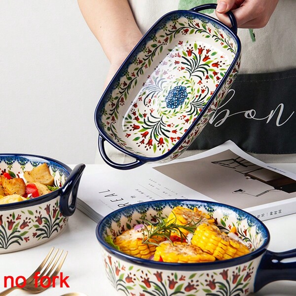 1 pièce bol à nouilles et plat de cuisson en céramique avec double poignée, design floral peint à la main de style polonais, pour usage domestique, fournitures scolaires, cadeau de Noël