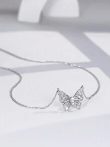 1入組蝴蝶設計方晶鋯石鑲嵌時尚奢華純銀吊墜項鍊,精美首飾類禮品,適用於日常穿著,派對,宴會