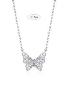 1入組蝴蝶設計方晶鋯石鑲嵌時尚奢華純銀吊墜項鍊,精美首飾類禮品,適用於日常穿著,派對,宴會