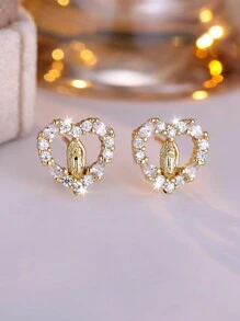 Tsnamer 1Pair Heart Virgin Mary Multicolor Cubic Zirconia Stud Earrings For Women Girls Valentine's Day Daily Jewelry Gifts Valentines - White - View 2