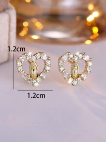 Tsnamer 1Pair Heart Virgin Mary Multicolor Cubic Zirconia Stud Earrings For Women Girls Valentine's Day Daily Jewelry Gifts Valentines - White - View 8