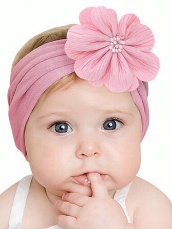 粉色尼龍花寬邊無痕花式嬰兒頭箍