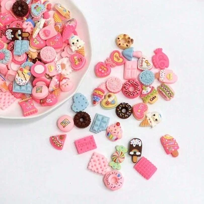 50pcs Resin Simulation Accessories - Fruit, Dessert, Flowers, With Adhesive Backing, Mixed DIY Crafts, Jewelry Making, Phone Case And Water Cup Valentine's Day Summer, School