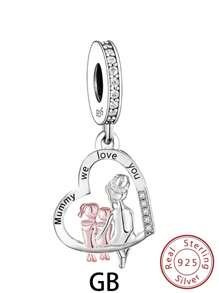 1個心形925銀“媽咪我們愛您”吊墜帶珠子,適用於diy母親節禮物