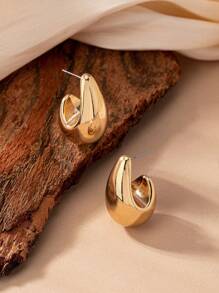 1對精緻時尚的水滴形狀女性耳釘,萬能款式 - 金黃色 - 查看 4